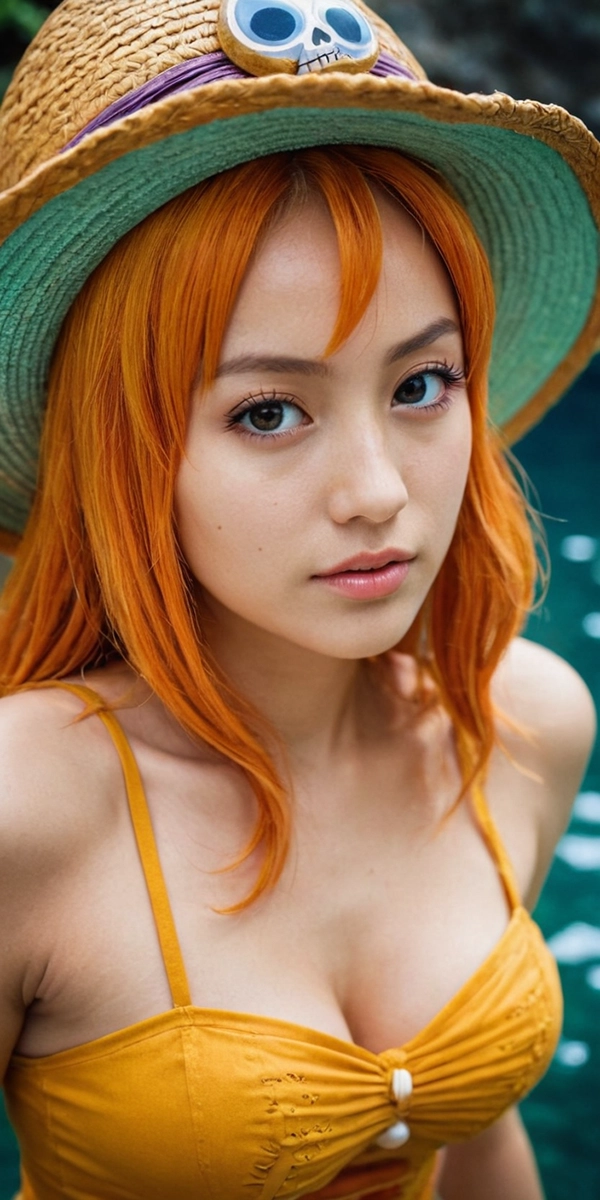 KI-Cosplay Nami One Piece Fotorealistisch